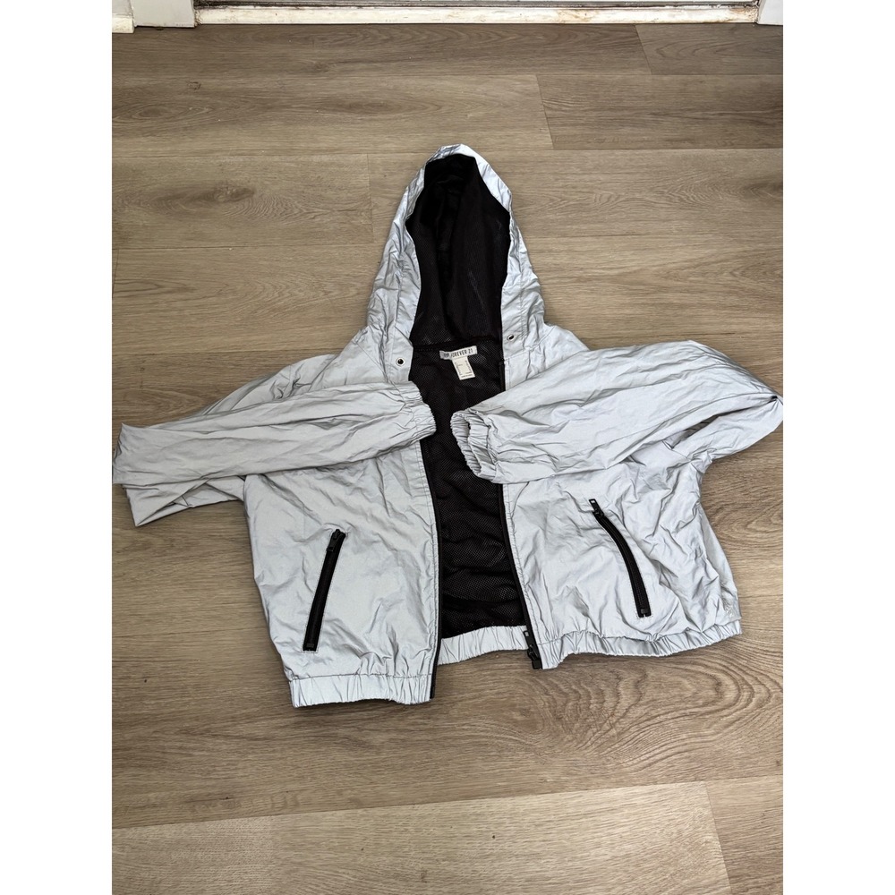 Forever 21 Reflective Silver Hooded Windbreaker Jacket Mesh Lined XS